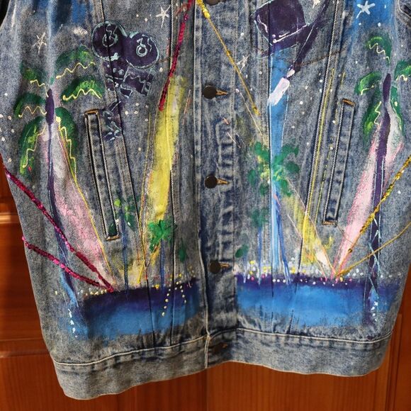 Vintage 80s Sport Deco Hand Painted Hollywood Denim Jacket Sequins Medium - Picture 14 of 16